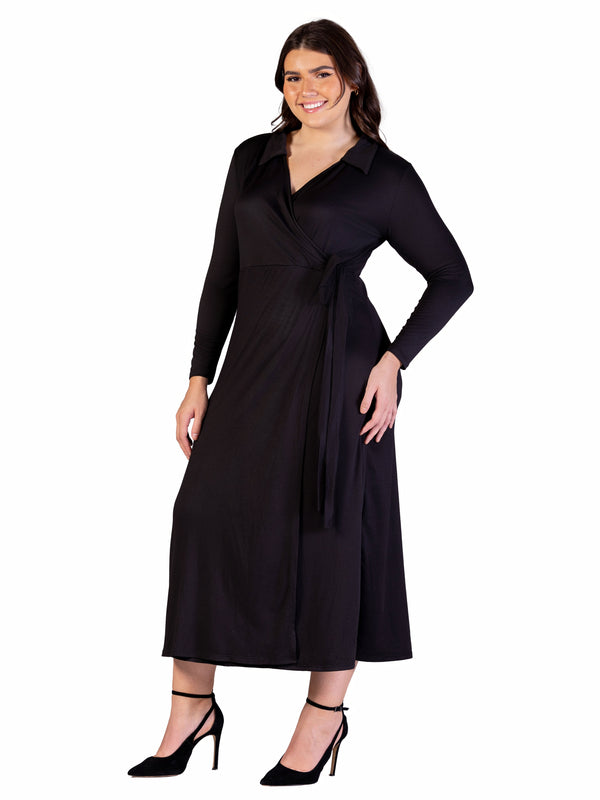 Elevate Plus Size Collared Long Sleeve Wrap A Line Maxi Dress