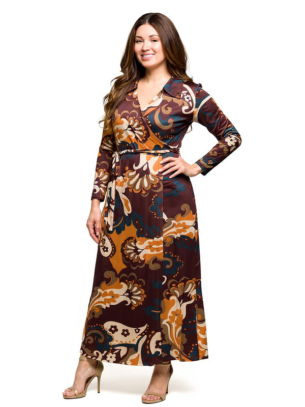 Elevate Plus Size Brown paisley Empire Waist Maxi Dress