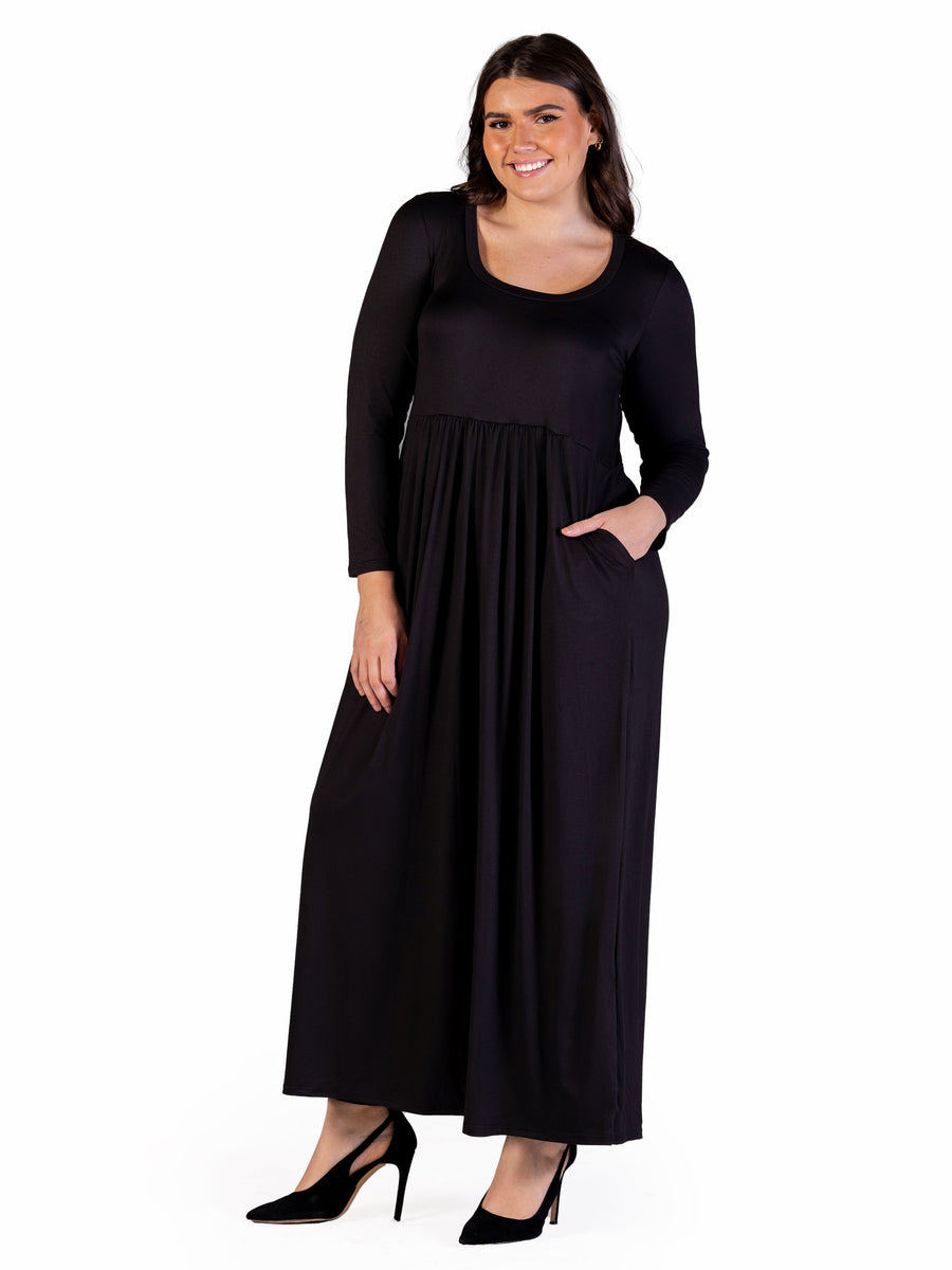Essential Plus Size Long Sleeve Empire Waist Pocket Maxi Dress