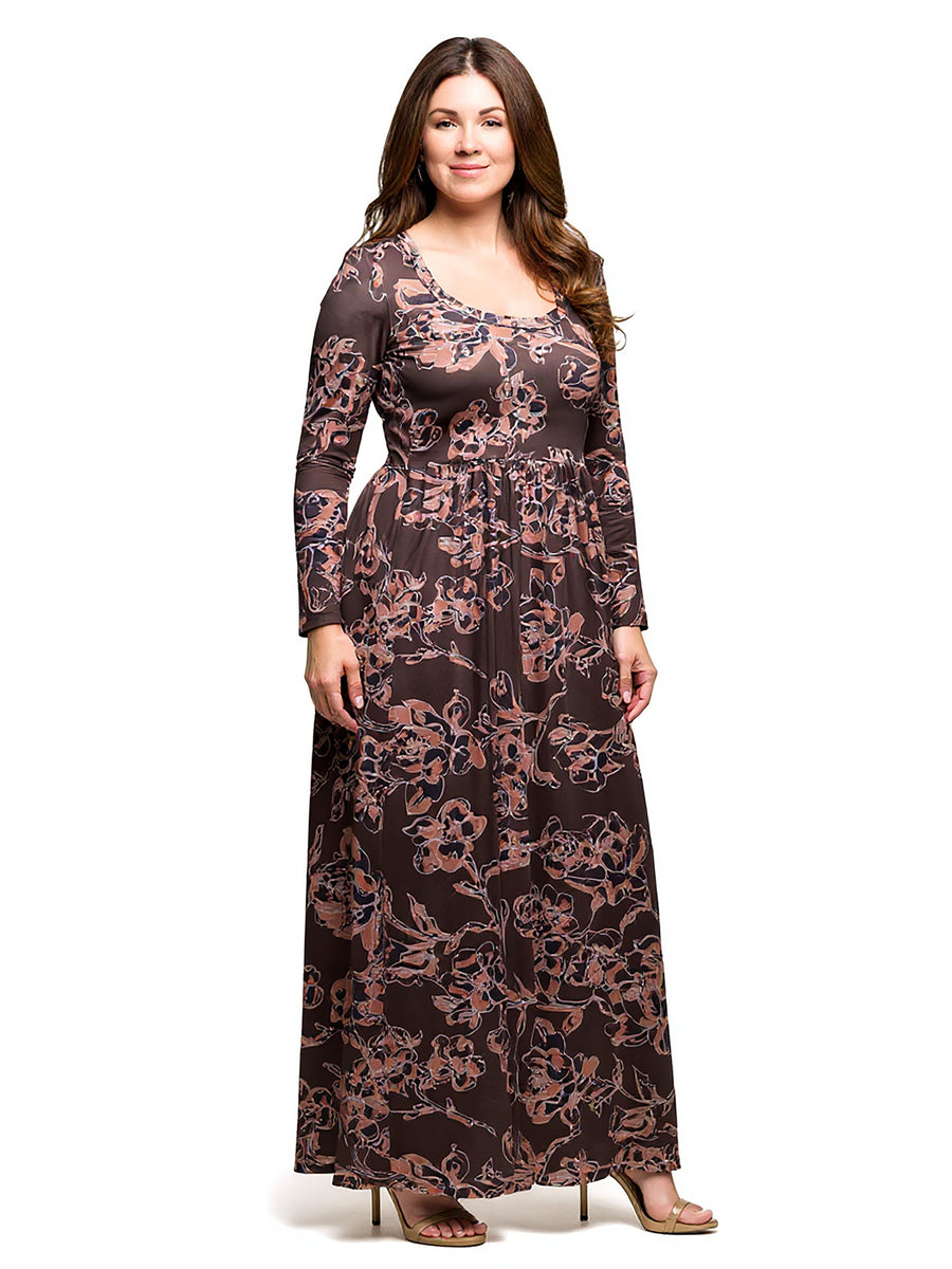 Essential Curvy Blush Floral Long Sleeve Scoop Neck Maxi Dress