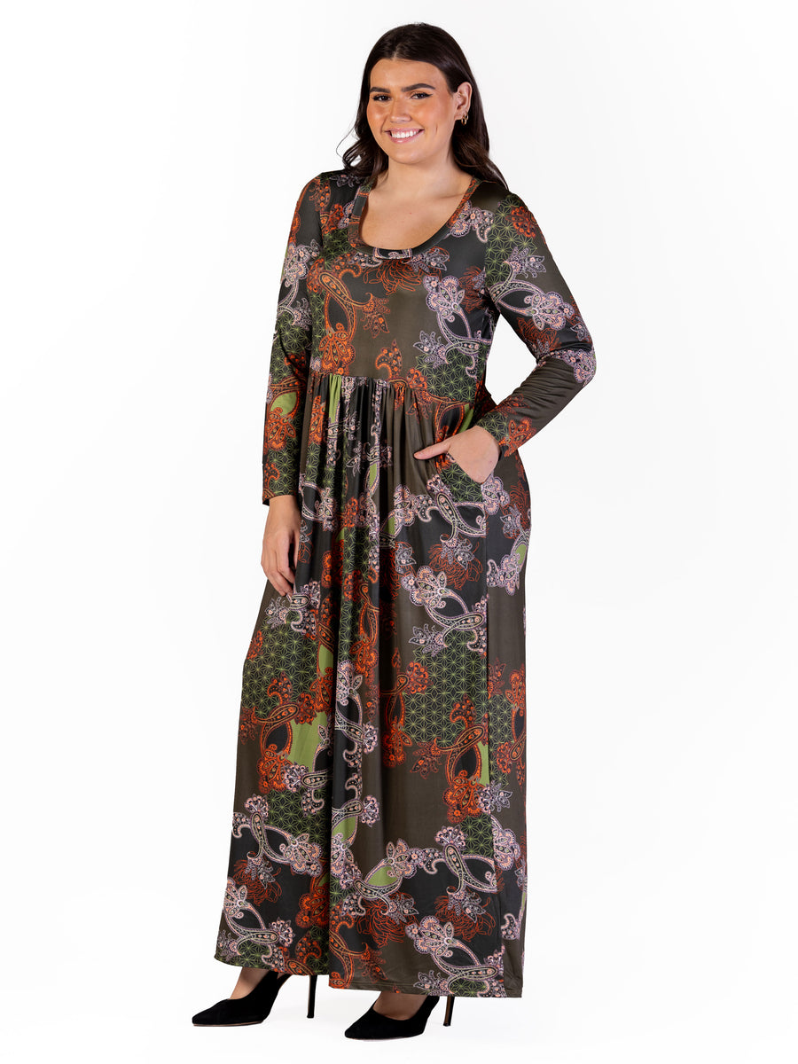 Essential Plus Size Green Long Sleeve Empire Waist Pocket Maxi Dress