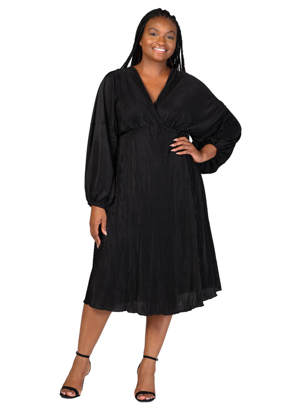 Elevate Curvy Shimmer Pleated V Neck Empire Waist Midi Dress