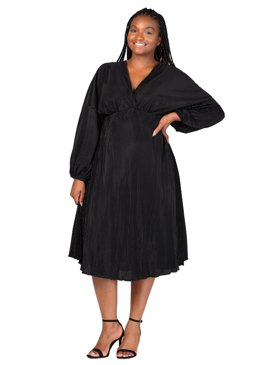 Elevate Curvy Shimmer Pleated V Neck Empire Waist Midi Dress