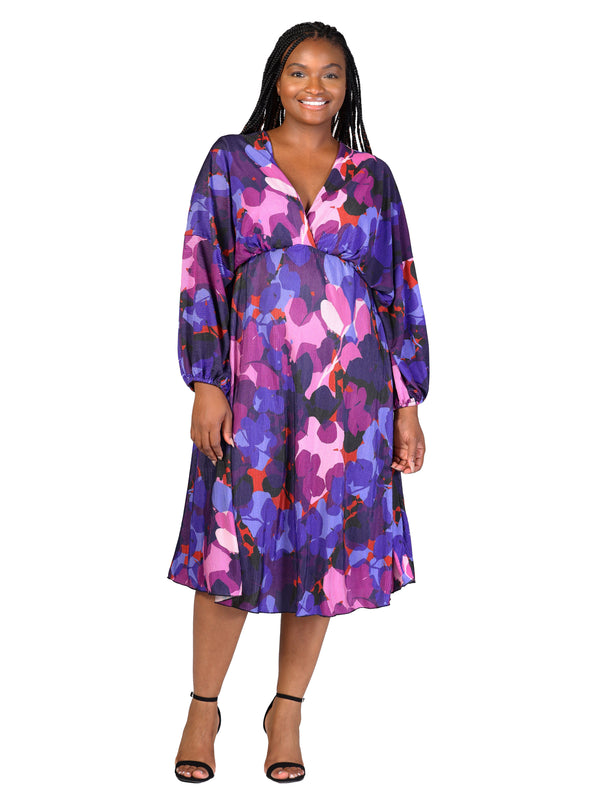 Elevate Curvy Pleated V Neck Empire Waist Bishop Sleeve Midi Dress