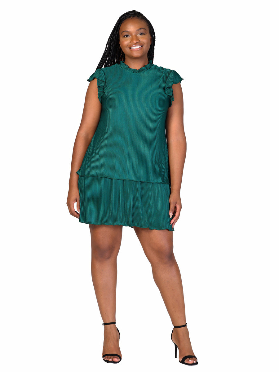 Elevate Curvy Ruffle Cap Sleeve High Neck Pleated TieMini Dress