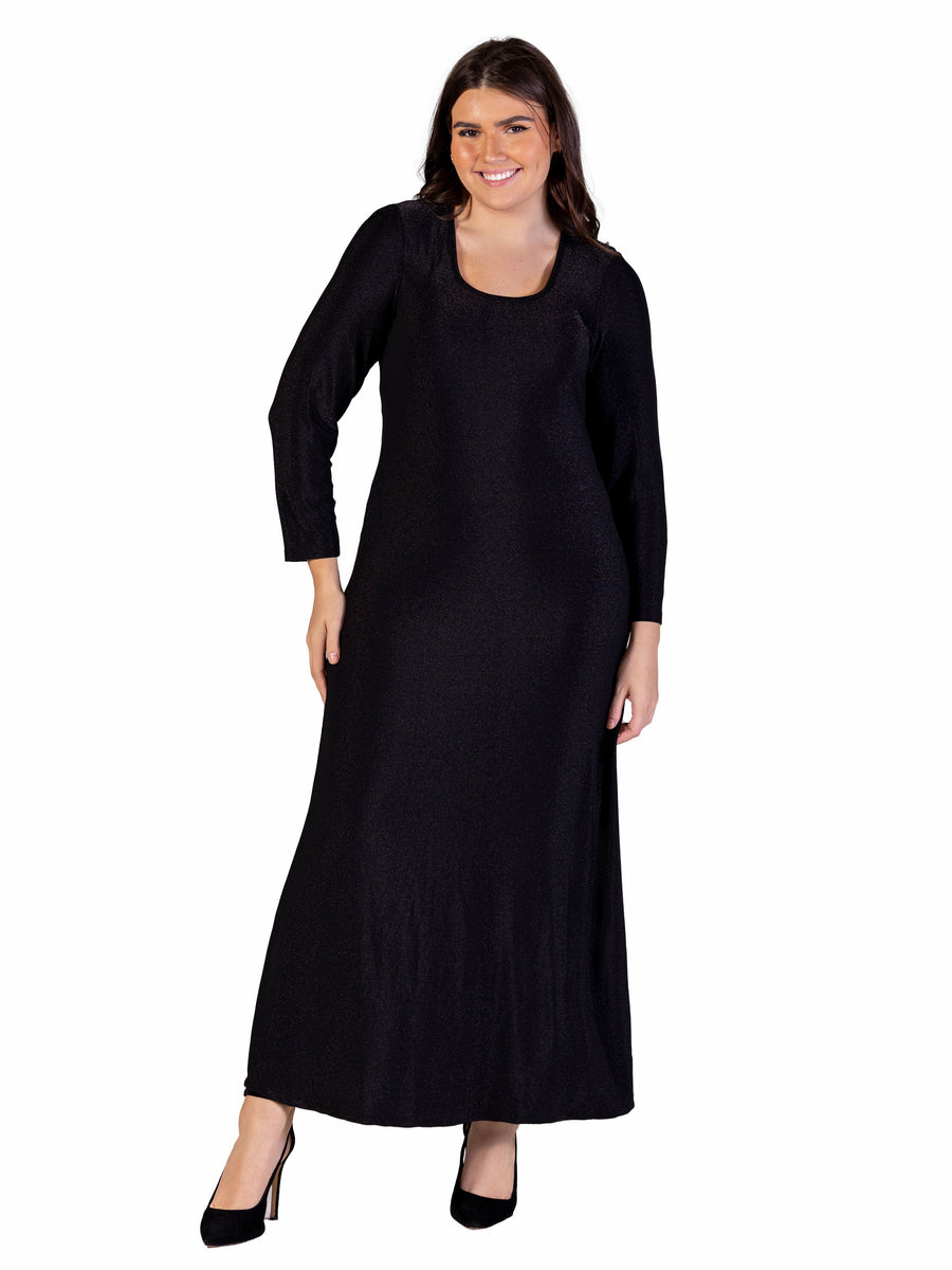 Elevate Plus Size Long Sleeve Scoop Neck Shimmery Fabric Maxi Dress