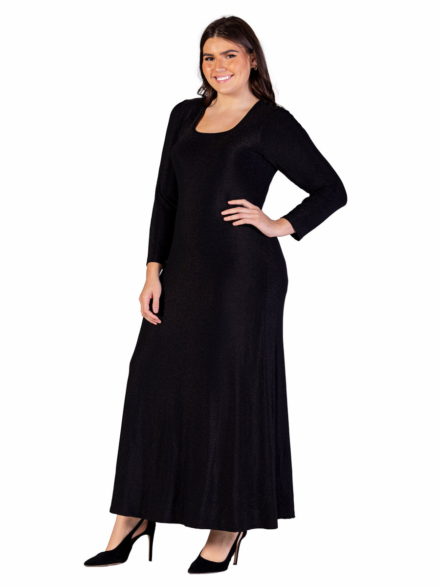 Elevate Plus Size Long Sleeve Scoop Neck Shimmery Fabric Maxi Dress