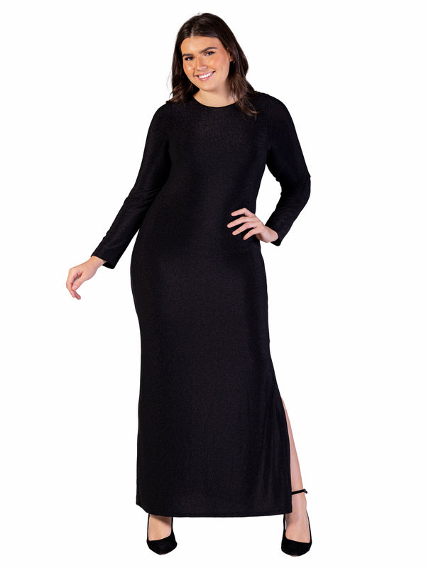 Elevate Curvy Long Sleeve Round Neck Shimmery Fabric Side Slit Maxi Dress