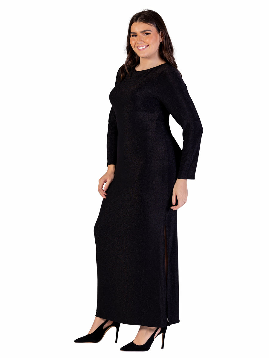 Elevate Curvy Long Sleeve Round Neck Shimmery Fabric Side Slit Maxi Dress