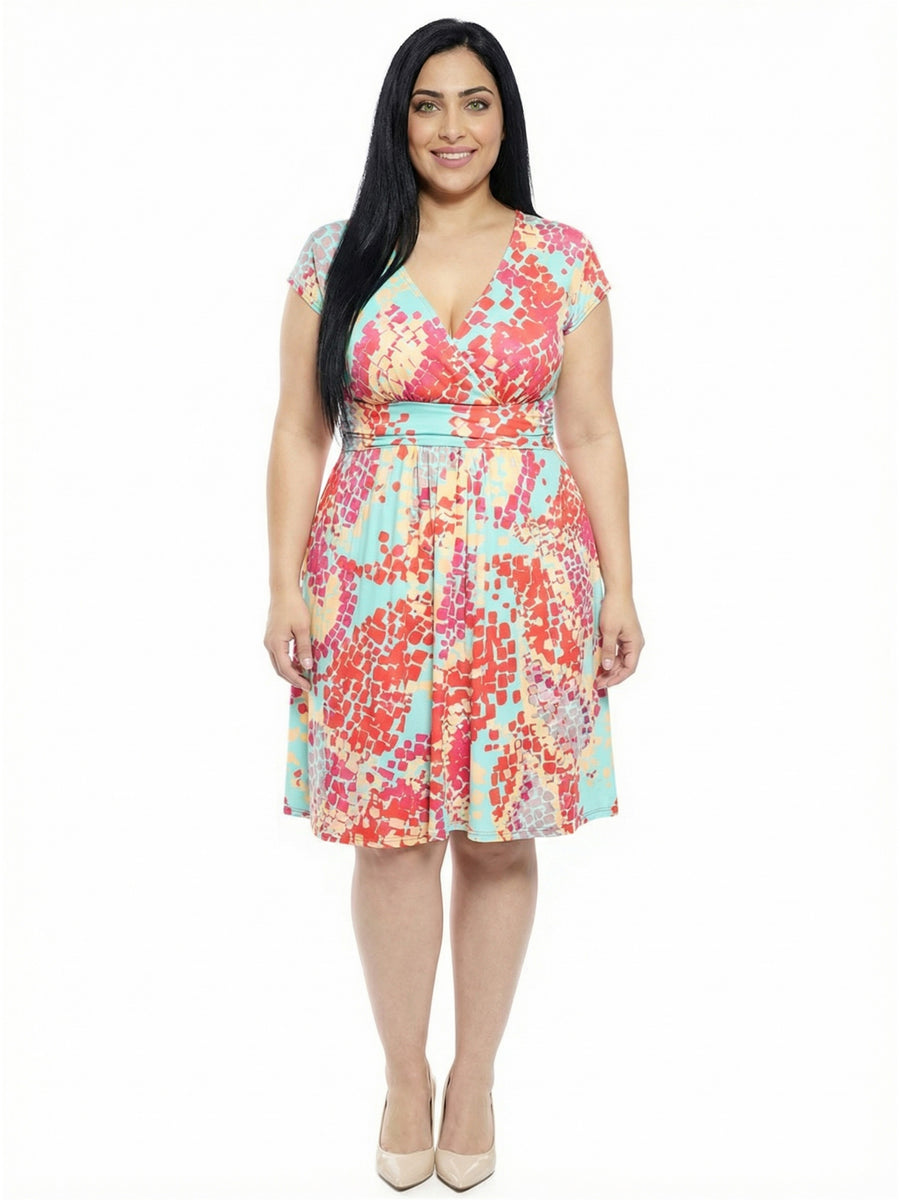 Essential Curvy Mosaic V Neck Knee Length A-Line Pocket Dress