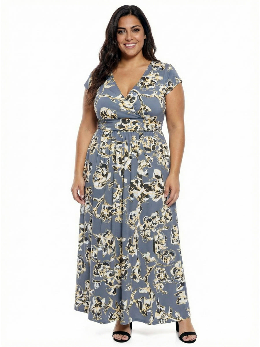 Essential Curvy Floral V-Neck Cap Sleeve Slit Pocket Maxi Dress