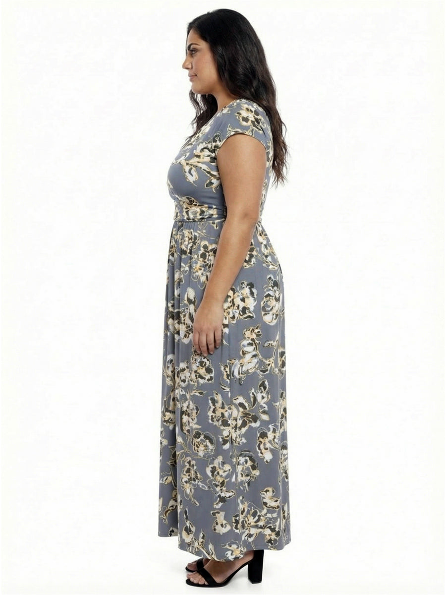 Essential Curvy Floral V-Neck Cap Sleeve Slit Pocket Maxi Dress