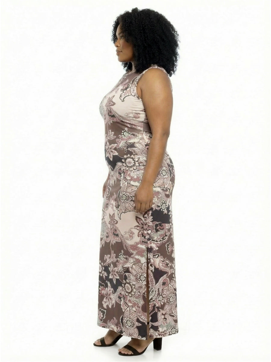 Essential Curvy Paisley Sleeveless Slit Bodycon A-Line Maxi Dress