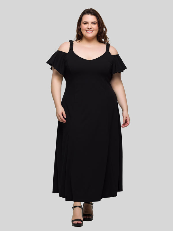 Elevate Plus Size Cold Shoulder Ruffle Sleeve A Line Maxi Dress