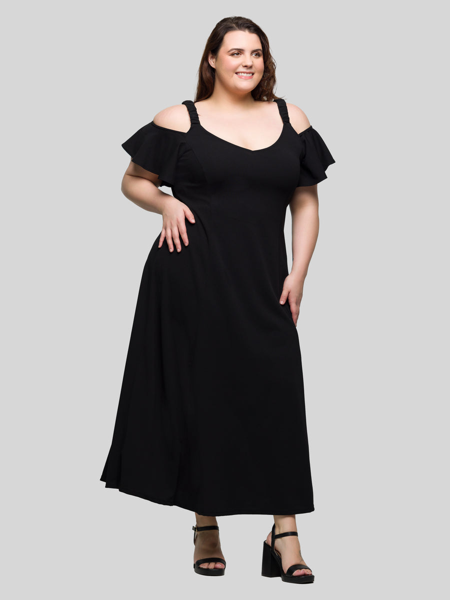Elevate Plus Size Cold Shoulder Ruffle Sleeve A Line Maxi Dress
