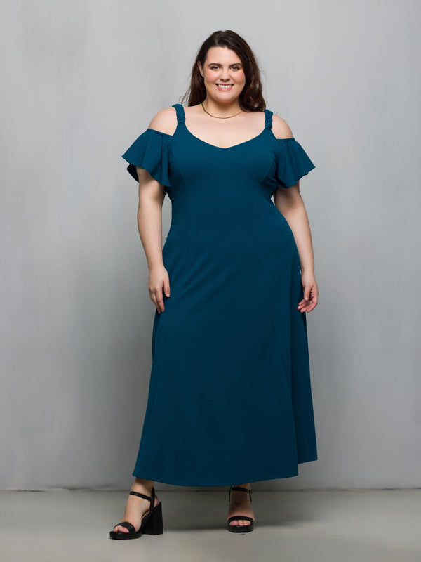 Elevate Plus Size Cold Shoulder Ruffle Sleeve A Line Maxi Dress