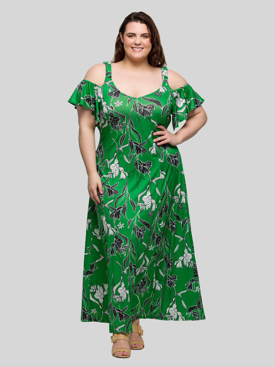 Elevate Curvy Floral Cold Sholder Ruffle Sleeve A Line Maxi Dress