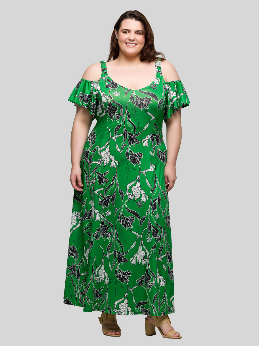 Elevate Curvy Floral Cold Sholder Ruffle Sleeve A Line Maxi Dress