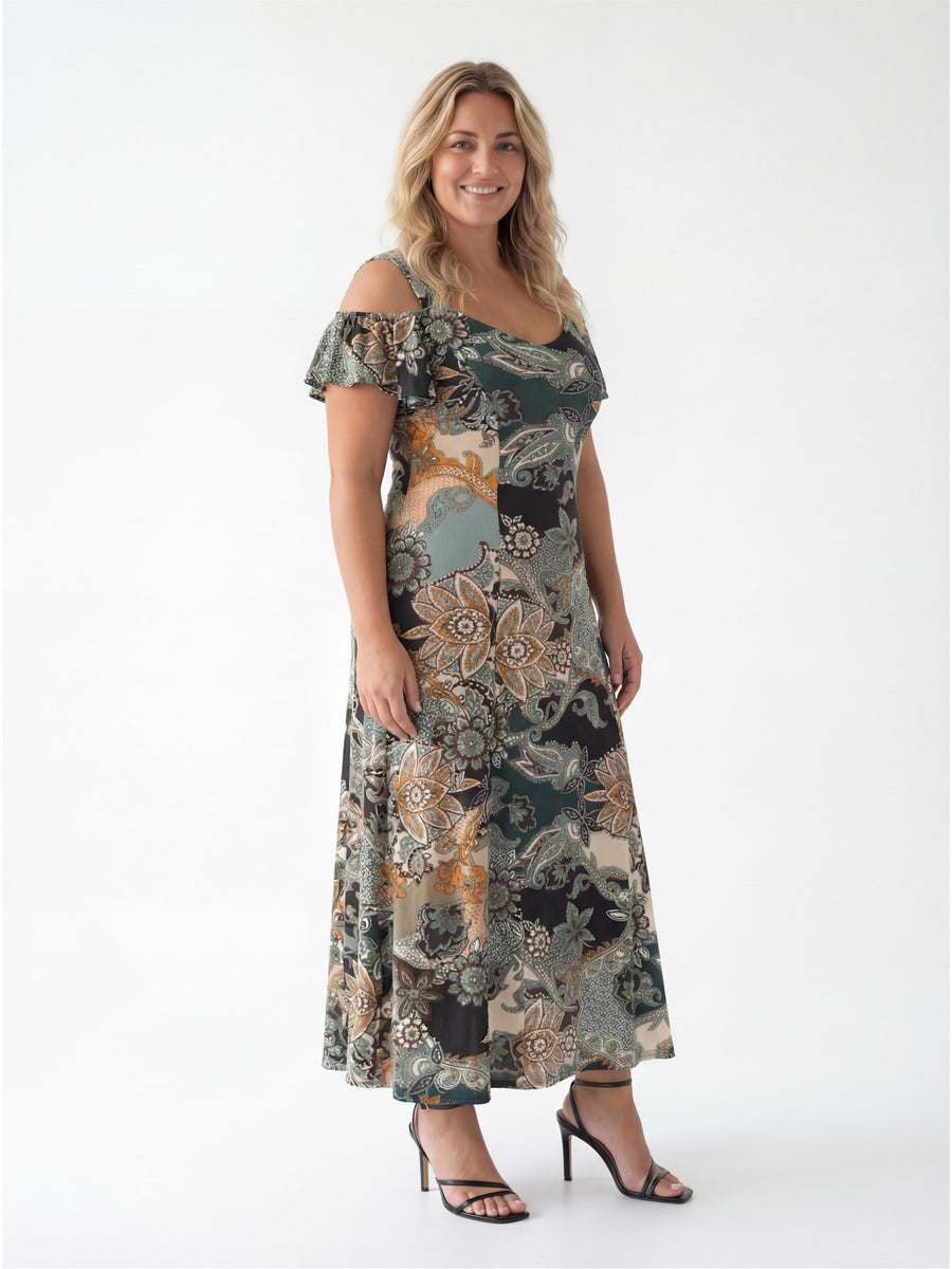 Elevate Curvy Paisley Print Soft V Neck Cold Sholder Ruffle Sleeve A Line Maxi Dress