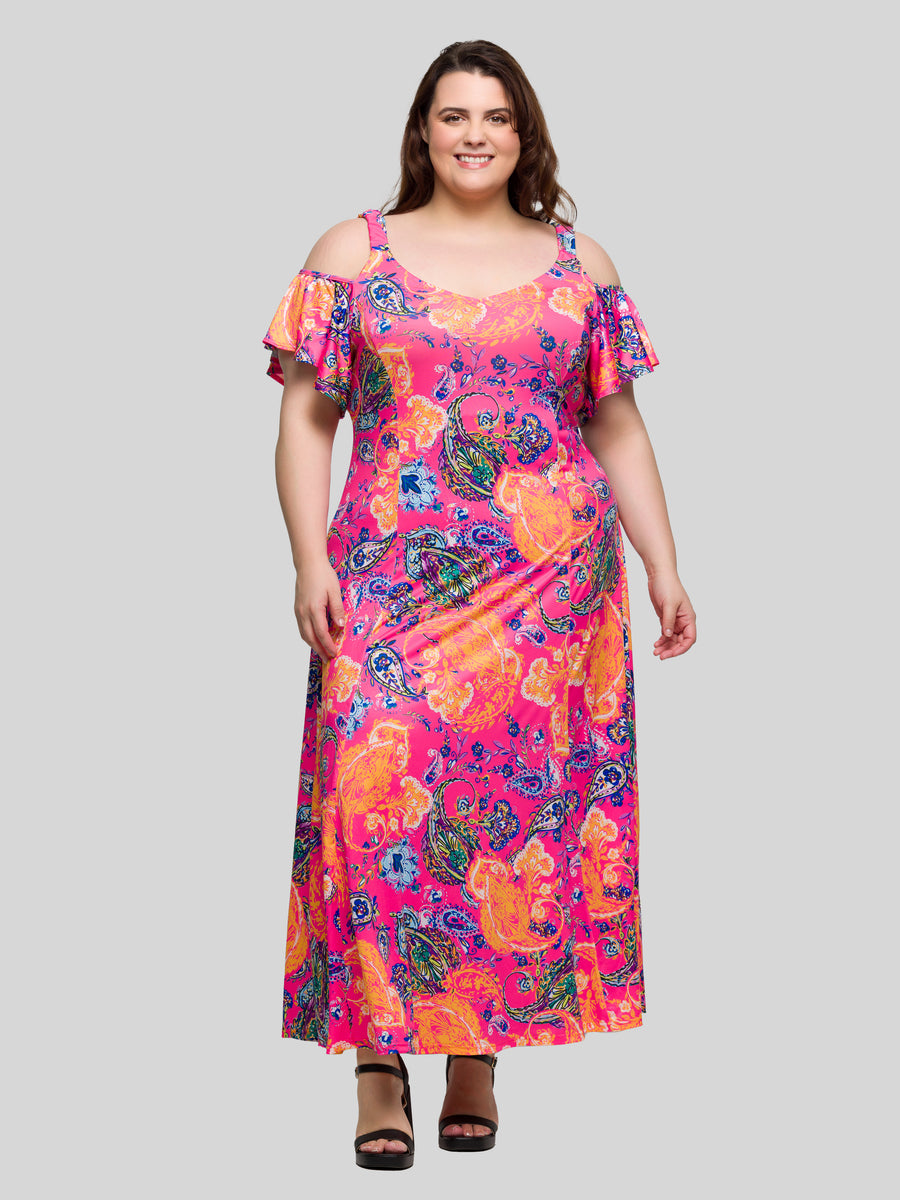 Elevate Curvy Paisley Cold Sholder Ruffle Sleeve A Line Maxi Dress