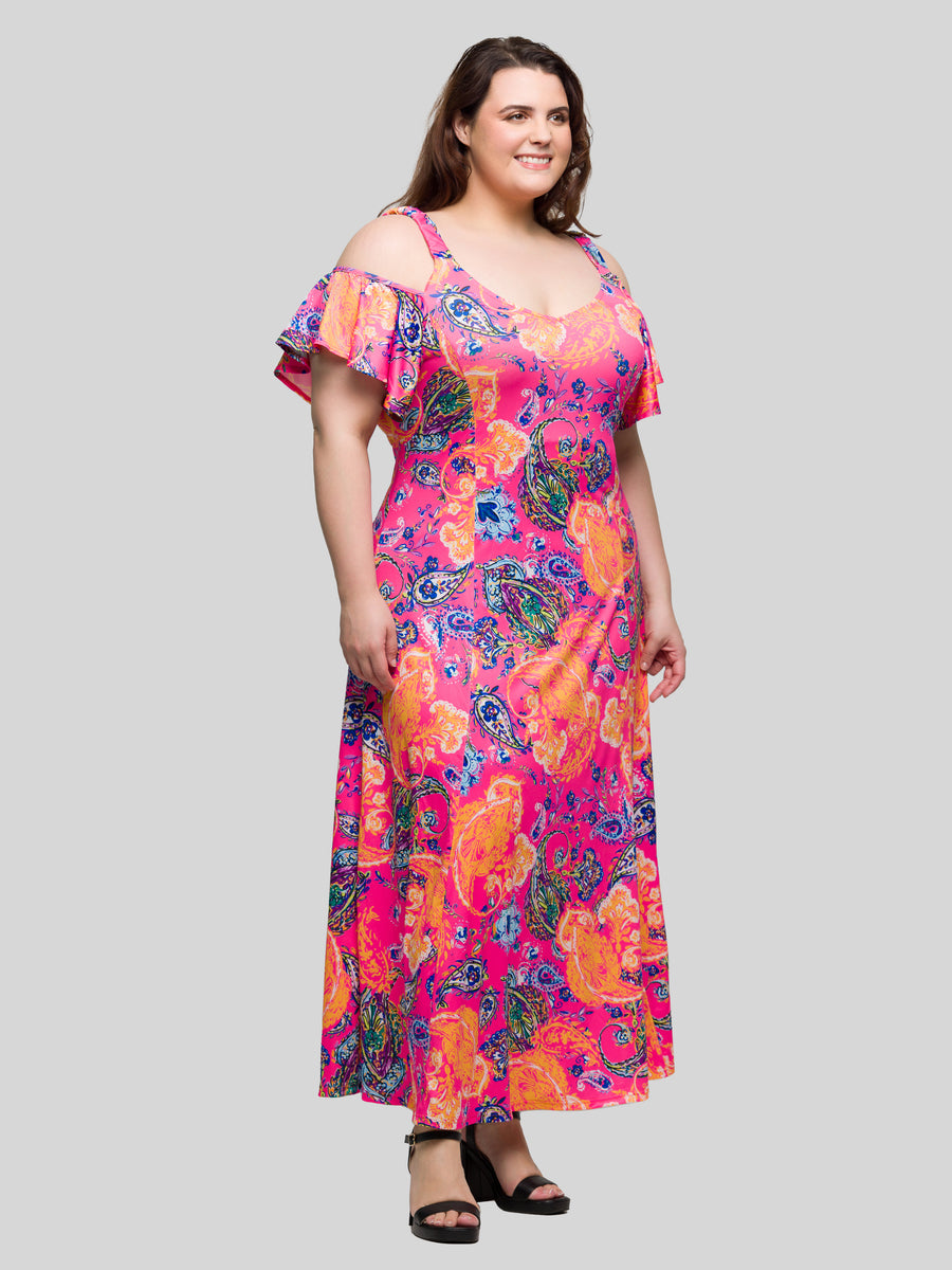 Elevate Curvy Paisley Cold Sholder Ruffle Sleeve A Line Maxi Dress