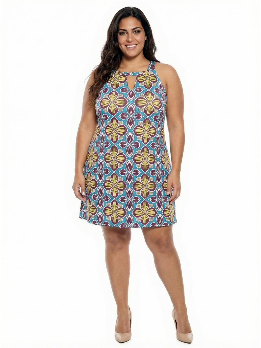 Essential Curvy Floral Knee Length Paisley Sleeveless Keyhole Dress