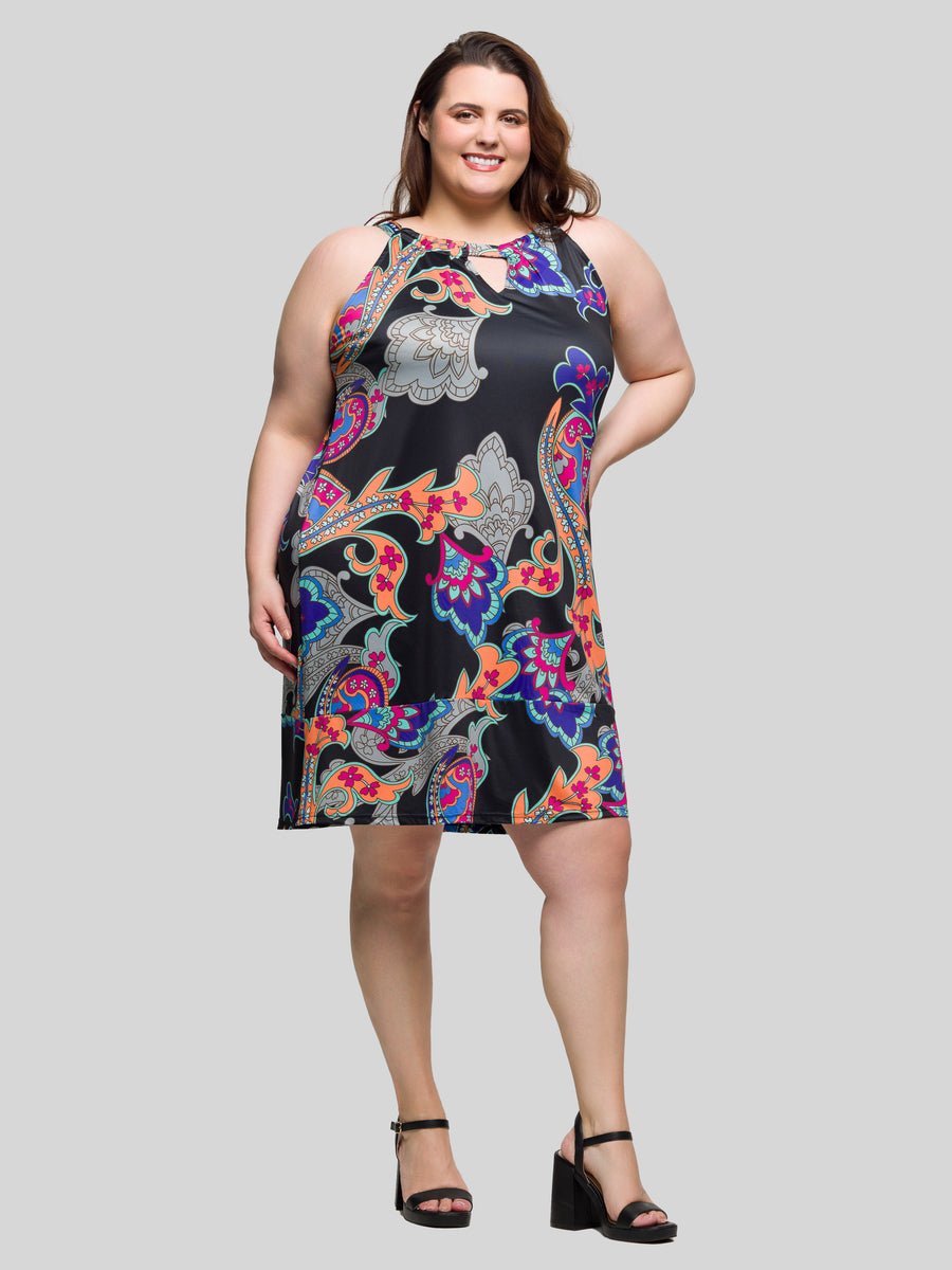 Essential Curvy Mini Length Paisley Sleeveless Keyhole Dress