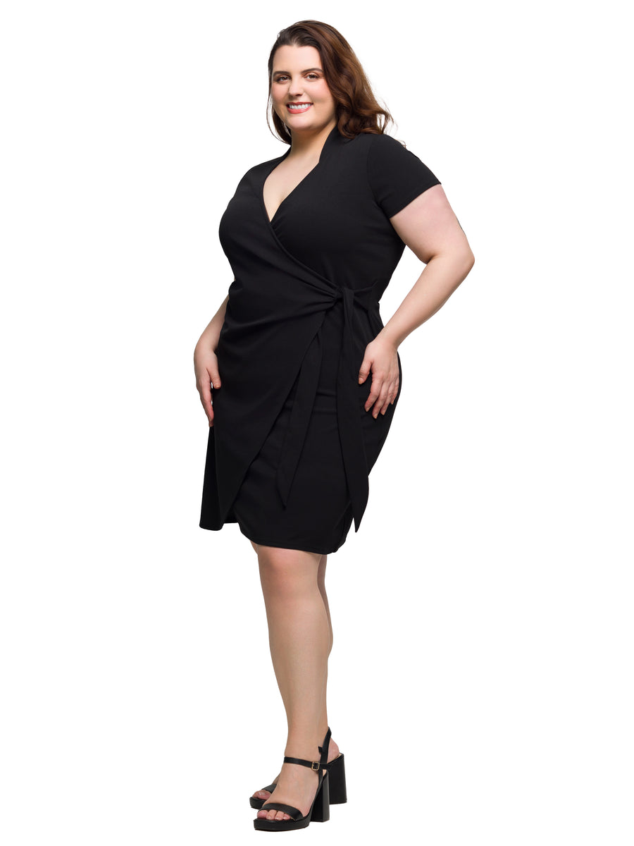 Essential Plus Size Mandarin Collar V Neck Knee Length Wrap Dress