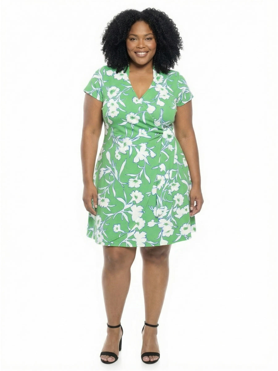 Essential Plus Size Floral Collar Knee Length Side Tie Wrap Dress