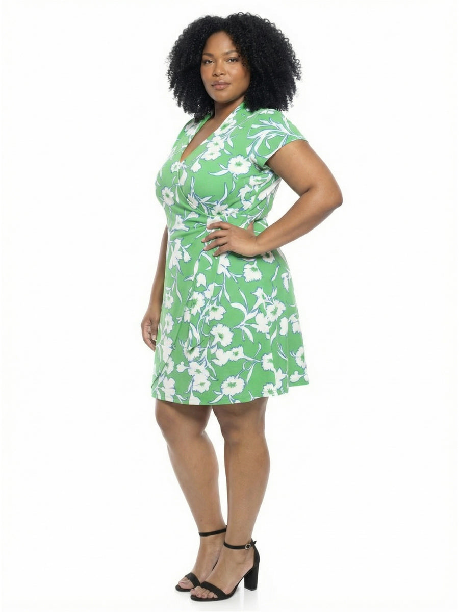 Essential Plus Size Floral Collar Knee Length Side Tie Wrap Dress
