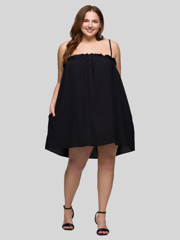 Essential Curvy Square Neck Spaghetti Strap Smocked Pocket Mini Dress