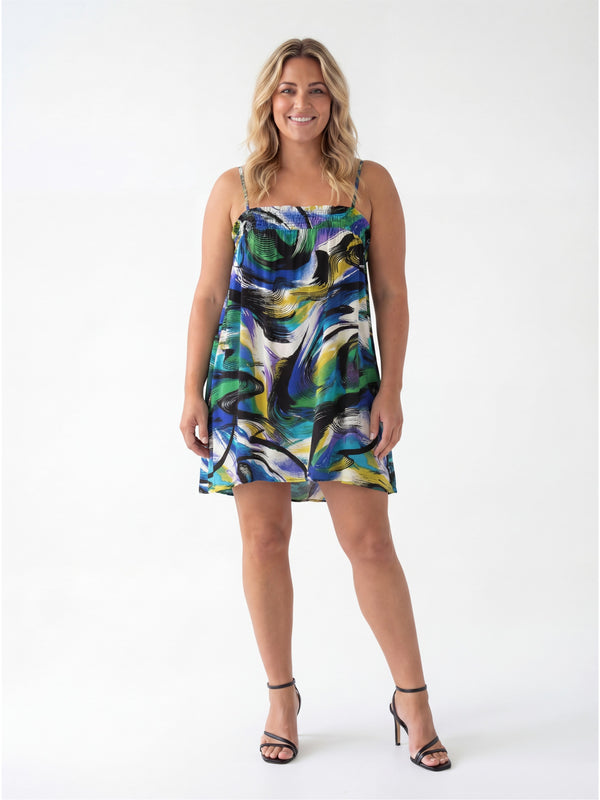 Essential Curvy Abstract Print Spaghetti Strap Smocked A Line Pocket Mini Dress