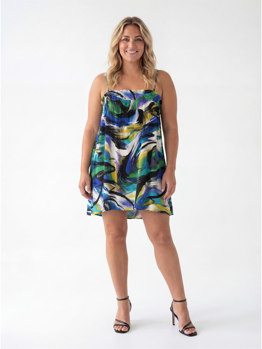 Essential Curvy Abstract Print Spaghetti Strap Smocked A Line Pocket Mini Dress