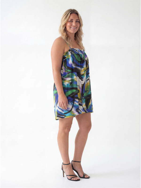 Essential Curvy Abstract Print Spaghetti Strap Smocked A Line Pocket Mini Dress