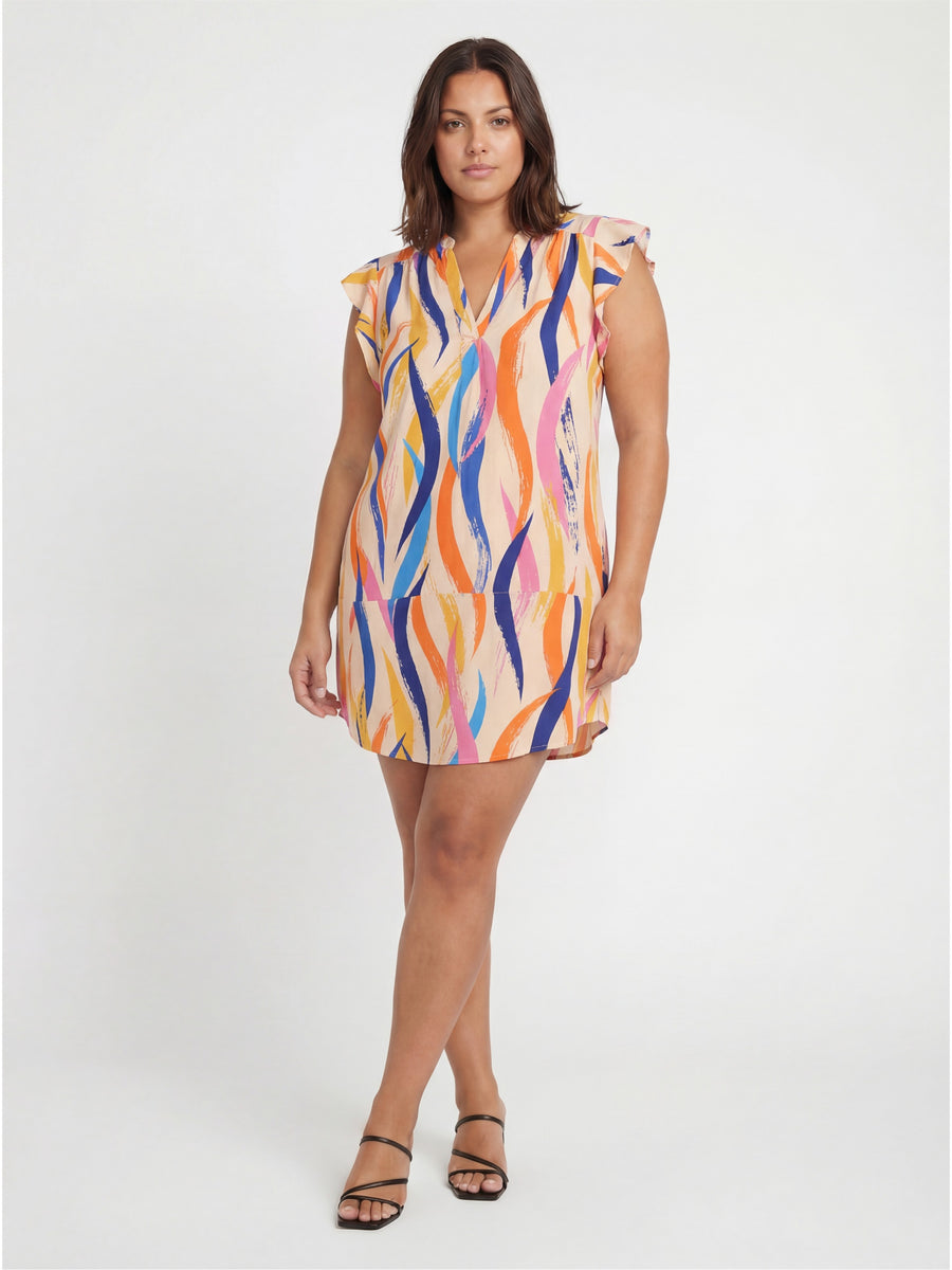 Essential Curvy Abstract Print V Neck Round Hem Mini Pocket Shift Dress