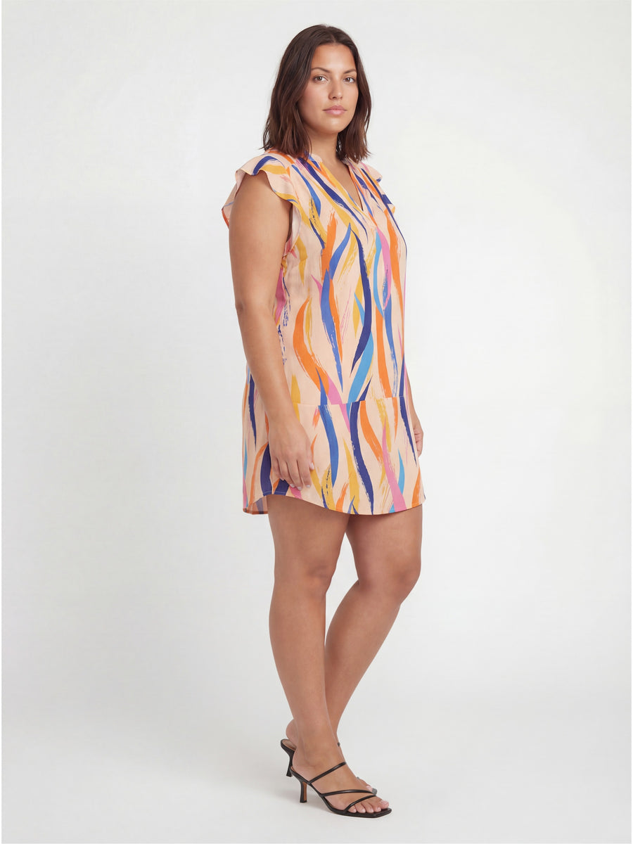 Essential Curvy Abstract Print V Neck Round Hem Mini Pocket Shift Dress
