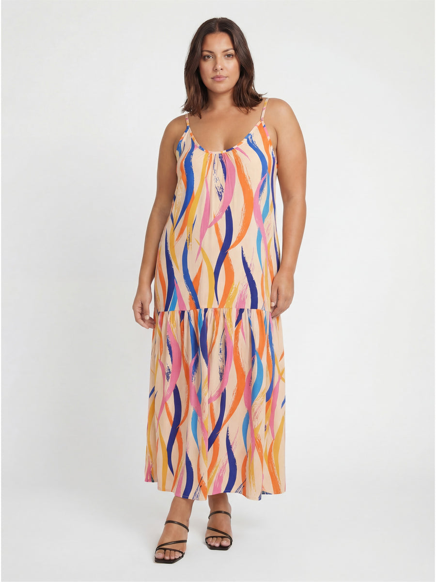 Essential Curvy Abstract Print Scoop Neck Spaghetti Strap Pocket A Line Maxi Dress