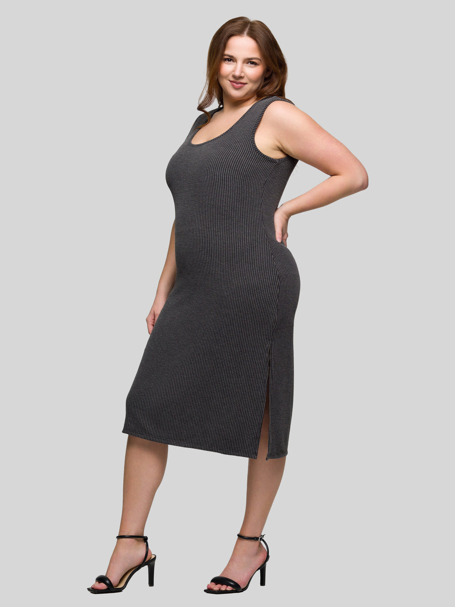 Essential Plus Size Fitted Sleeveless Side Slit Midi Dress