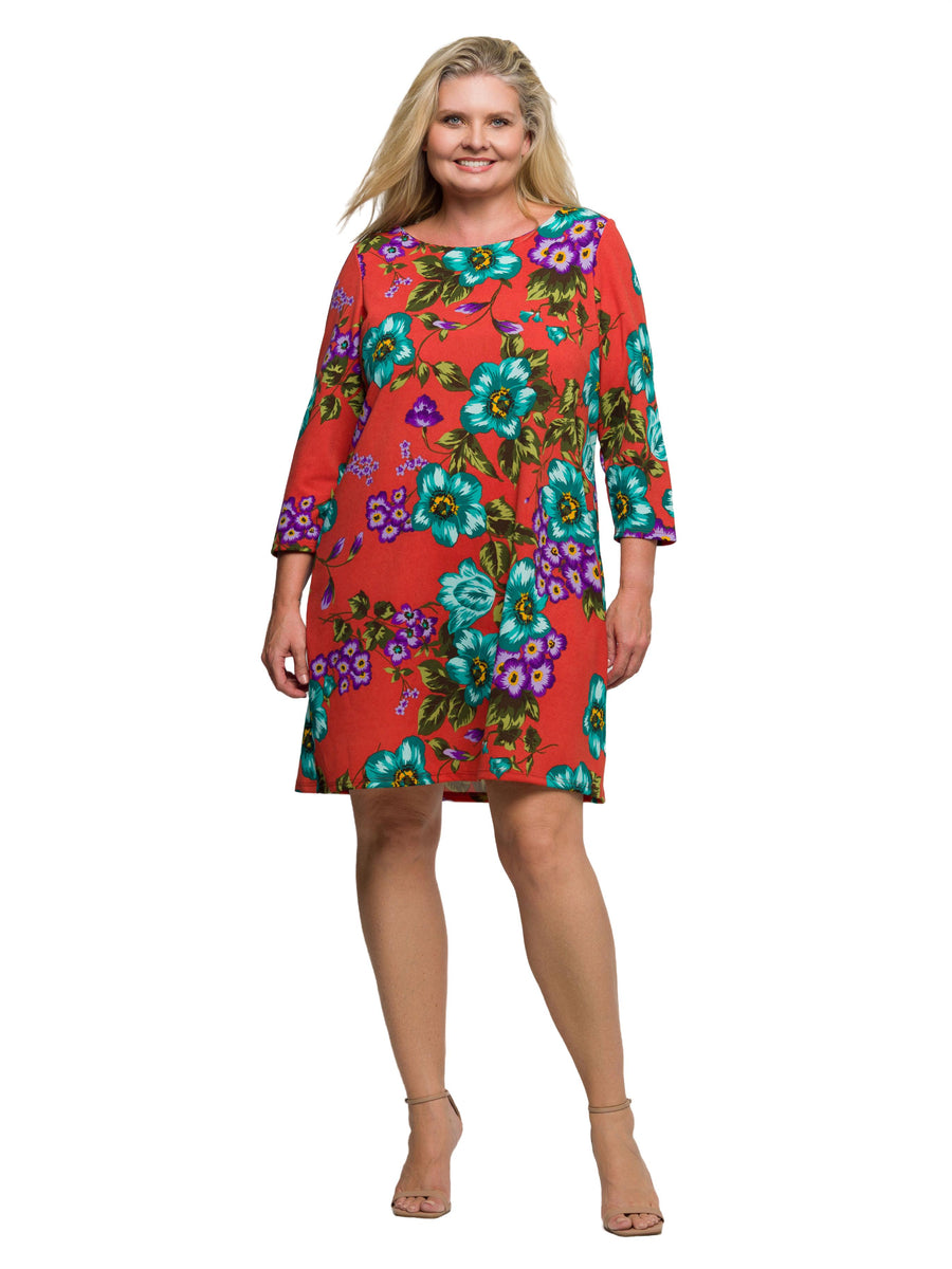 Essential Curvy Floral Three Quarter Sleeve A Line Knee Length Dress