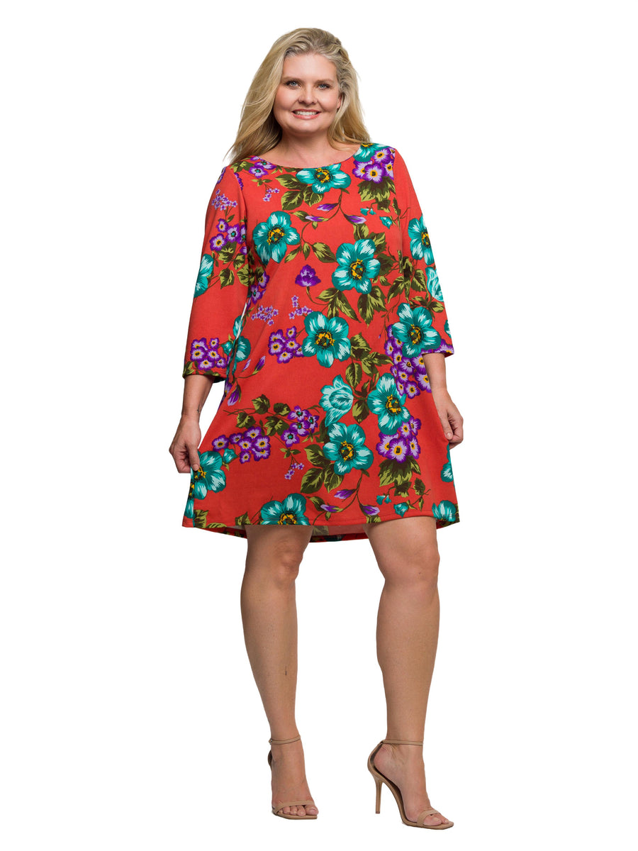 Essential Curvy Floral Three Quarter Sleeve A Line Knee Length Dress