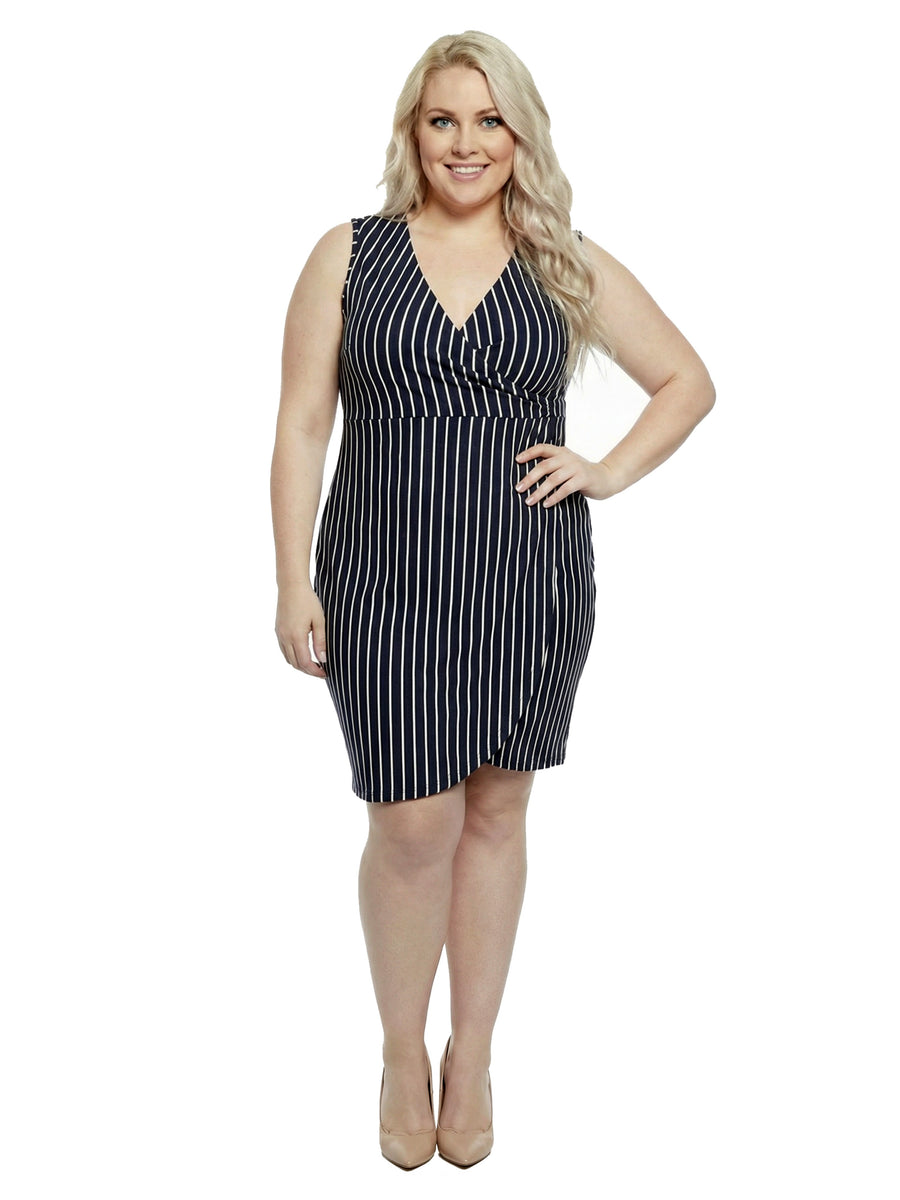 Essential Curvy Striped V-Neck Sleeveless Wrap Tulip Hem Midi Dress
