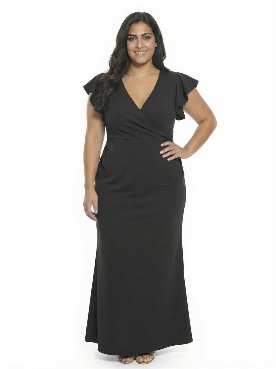 Elevate Plus Size V-Neck Tulip Hem Ruffle Sleeve Faux Wrap Maxi Dress