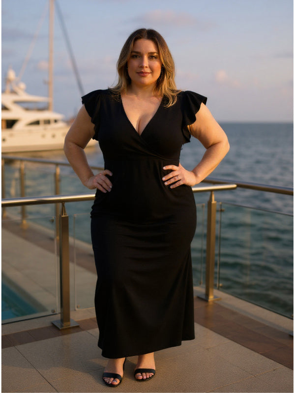 Elevate Plus Size V-Neck Tulip Hem Ruffle Sleeve Faux Wrap Maxi Dress