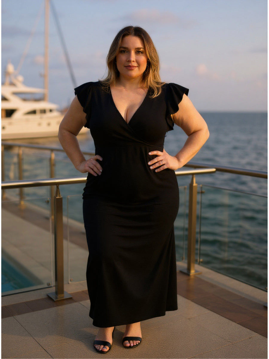 Elevate Plus Size V-Neck Tulip Hem Ruffle Sleeve Faux Wrap Maxi Dress