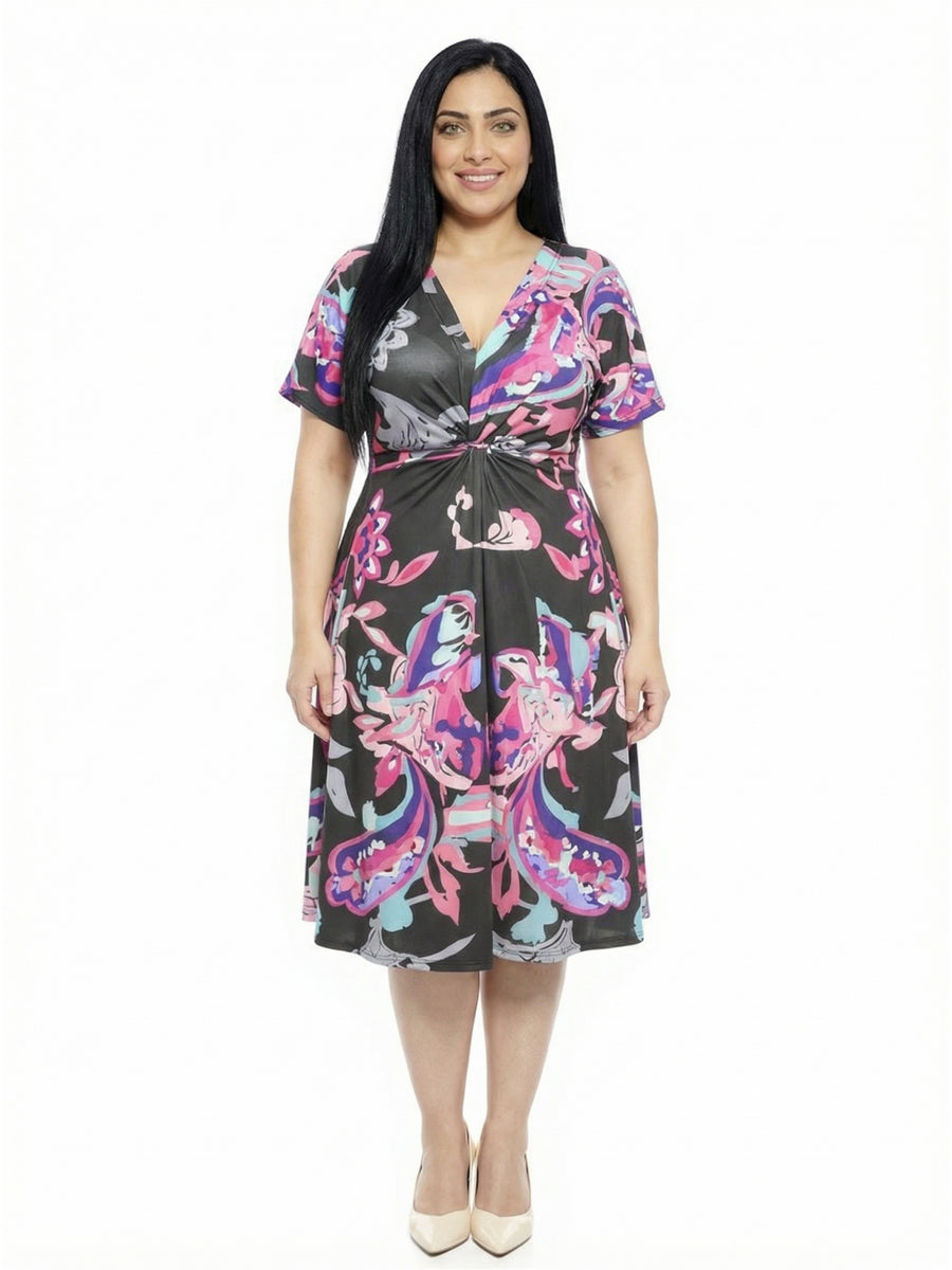 Essential Curvy Paisley V Neck Twist Front A Line Midi Dress