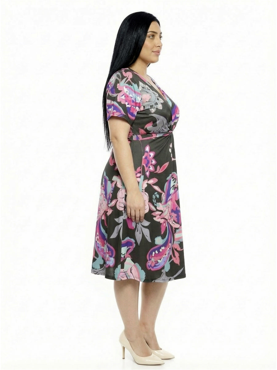Essential Curvy Paisley V Neck Twist Front A Line Midi Dress