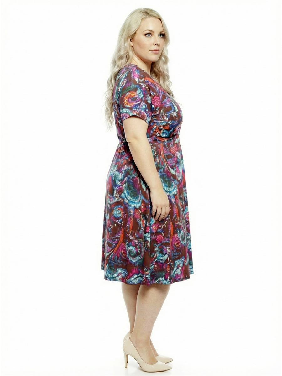 Essential Curvy Abstract V-Neck Twist Front A-Line Midi Dress
