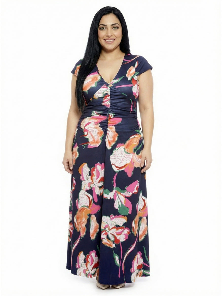 Elevate Curvy Floral V-Neck Cap Sleeve Ruched Front Maxi Length Dress