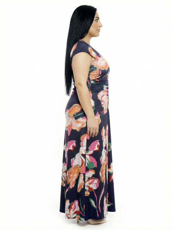 Elevate Curvy Floral V-Neck Cap Sleeve Ruched Front Maxi Length Dress