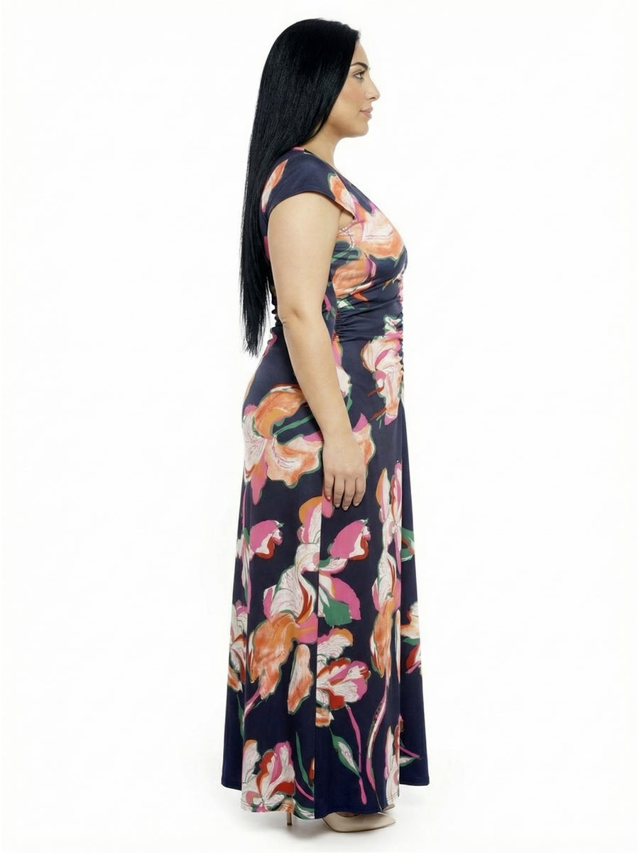 Elevate Curvy Floral V-Neck Cap Sleeve Ruched Front Maxi Length Dress
